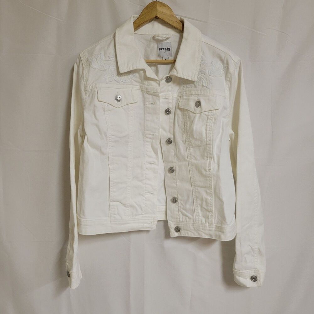 Kensie Jeans White Cropped Embroidered Denim Jacket - Women's Size M